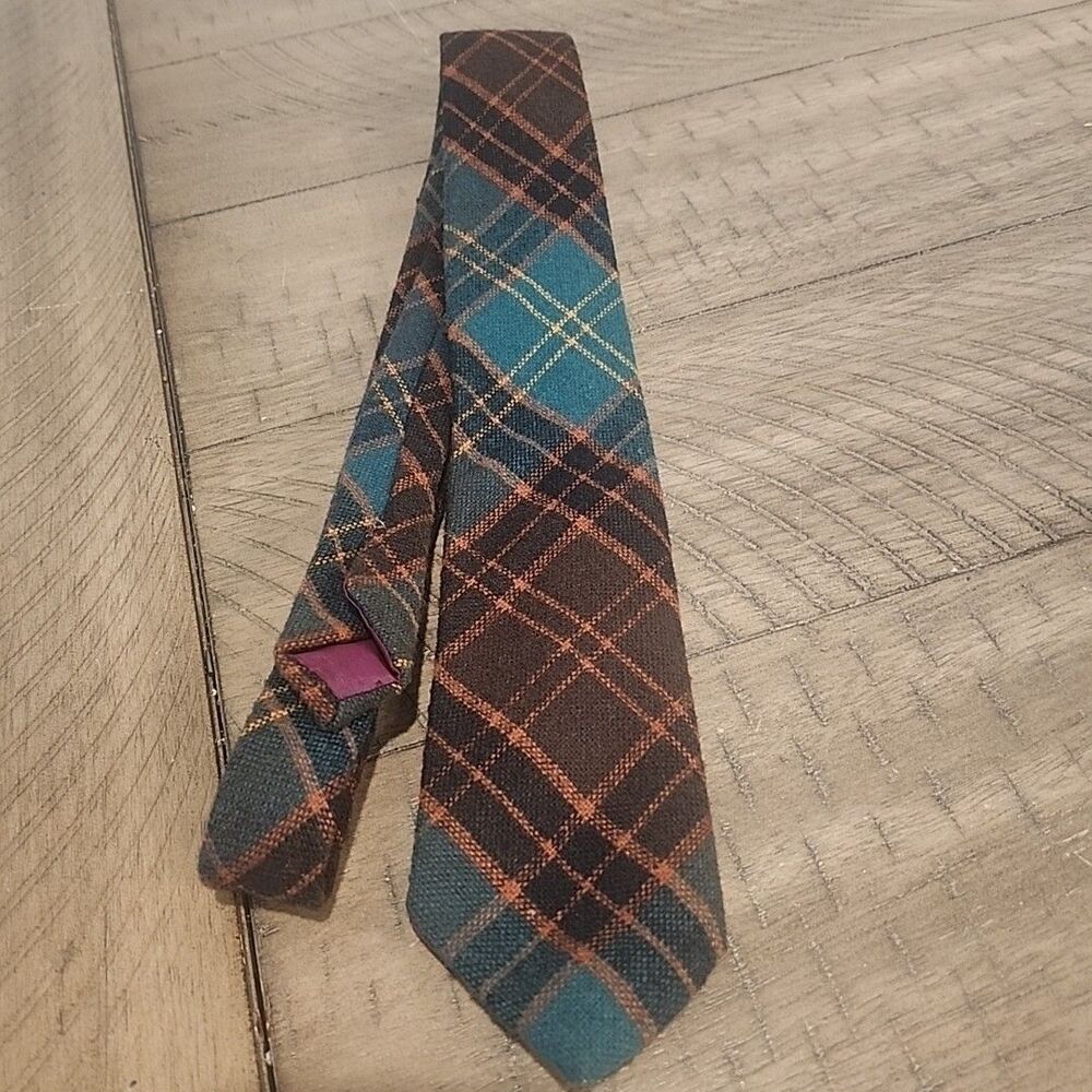 Vintage Narrow 3" Anderson 50% Wool Green Brown Orange Tartan plaid tie
